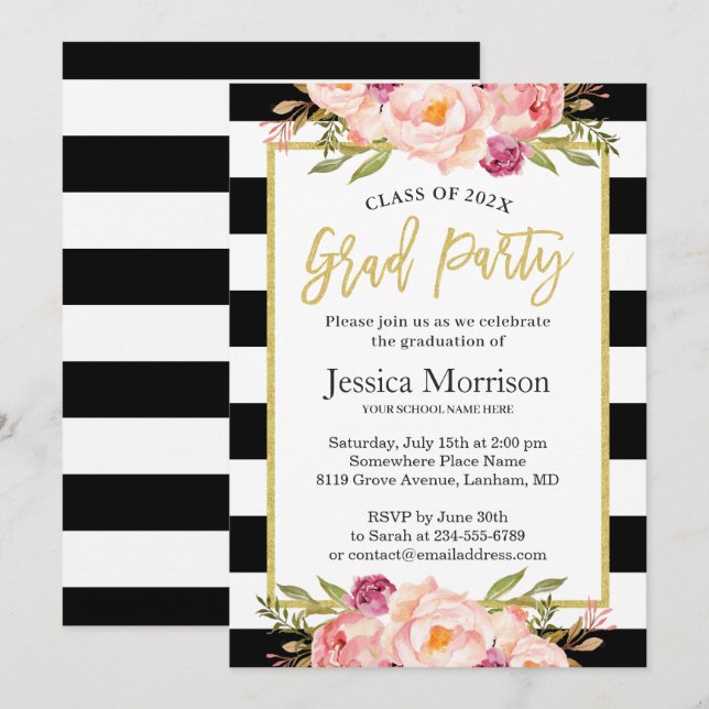 Invitation Partitions Modernes Floral Gold Script Graduation  (Devant / Derrière)