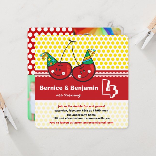 Invitation Party Cherries Enfants jumeaux Anniversaire conjoi (Devant/Arrière en situation)