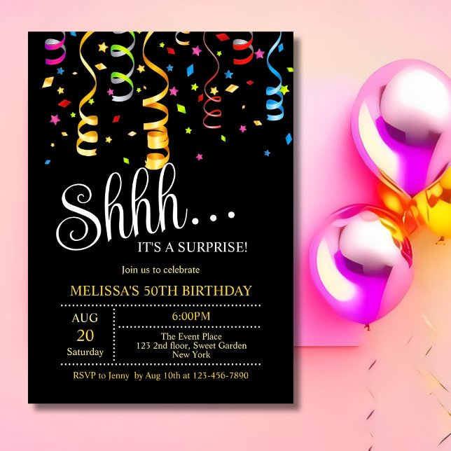 Invitation Party Confetti Ribbon Noir Surprise Anniversaire (Créateur téléchargé)