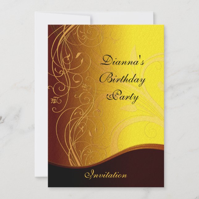 Invitation Party Elegant Yellow Gold Black Floral (Front)