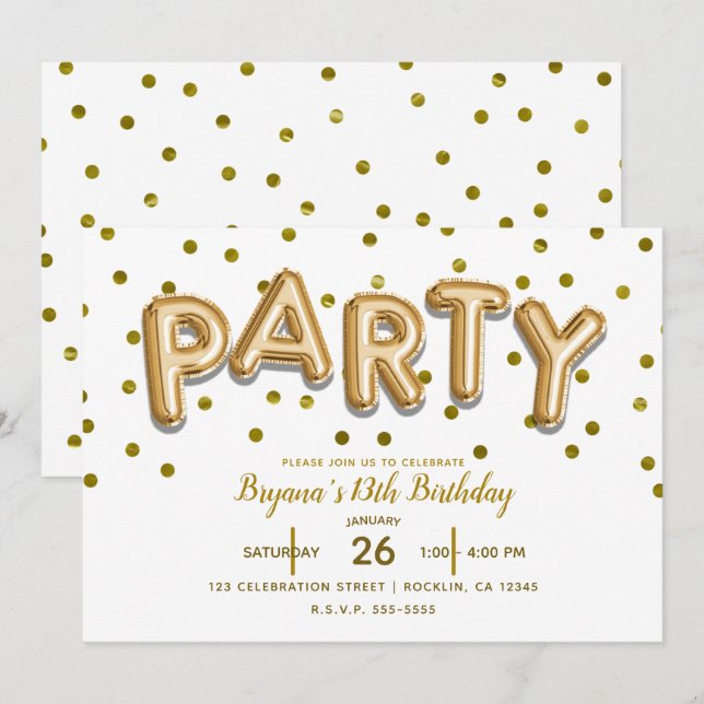 Invitation PARTY Gold Balloons & Confetti Anniversaire N'IMPO (Devant / Derrière)