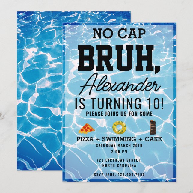 Invitation Pas de Casquette Bruh, Garçon adolescent Piscine d (Devant / Derrière)