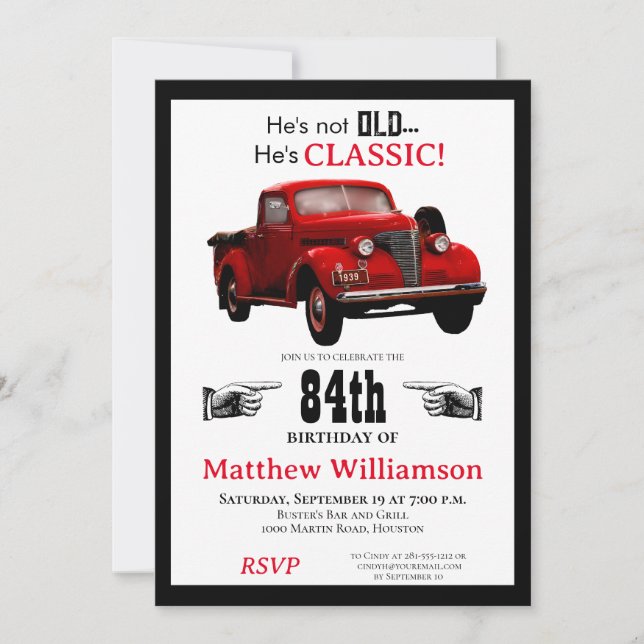 Invitation Pas Vieux Mais Classique 1939 Camion Rouge Anniver (Devant)