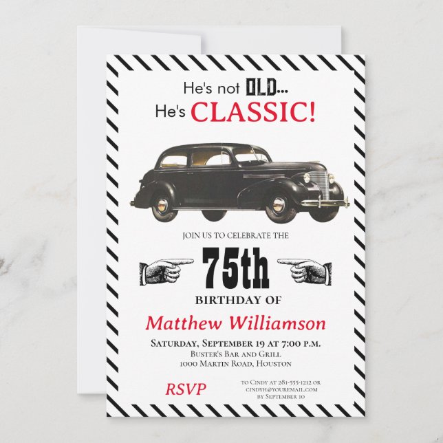 Invitation Pas vieux mais classique 1939 Voiture Anniversaire (Devant)