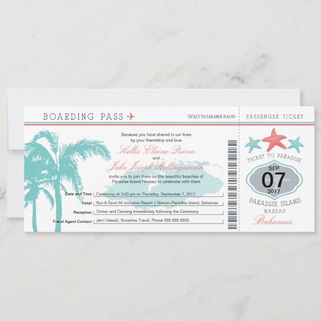 Invitation Pass d'embarquement des Mariages de Nassau Bahamas (Devant)