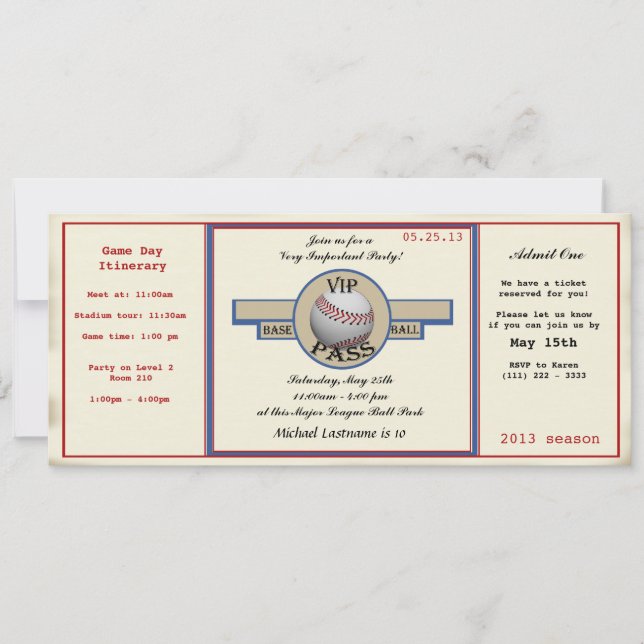 Invitation Pass fête d'anniversaire de baseball (Devant)