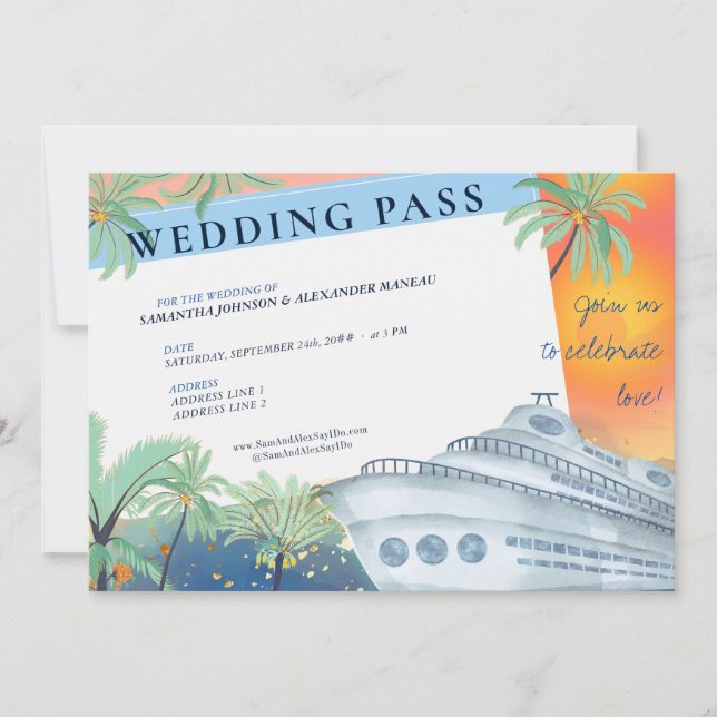 Invitation Pass Mariage de croisière Tropical Sunset Destinat (Devant)