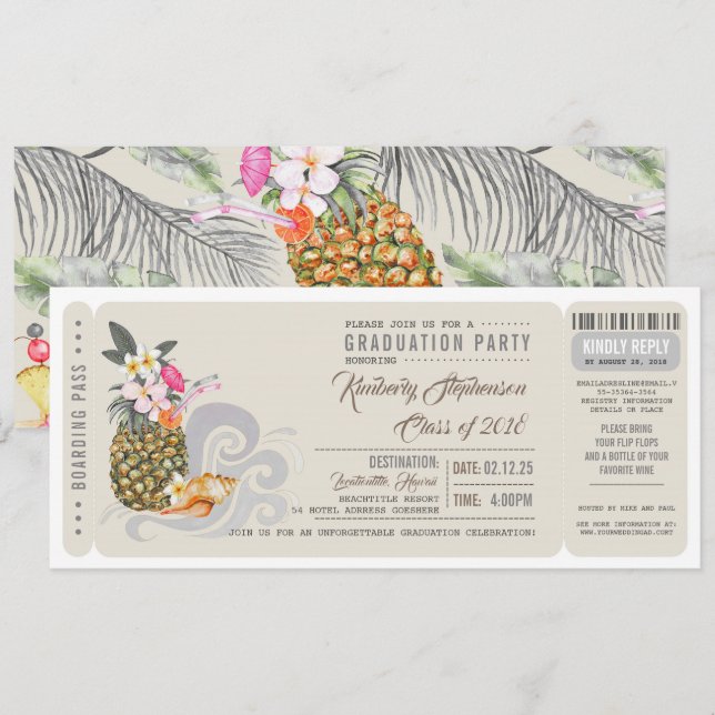 Invitation Passe d'embarquement | Ananas | Beach Graduation P (Devant / Derrière)