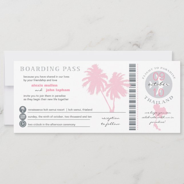 Invitation Passe d'embarquement de palmiers roses en Thaïland (Devant)