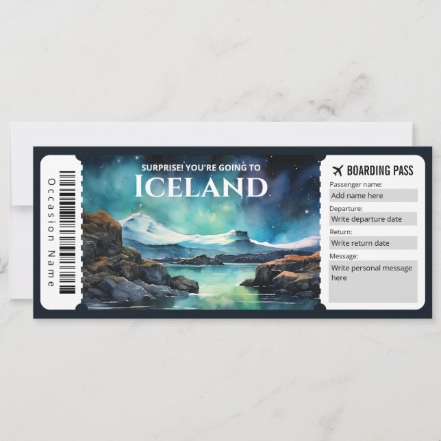 Invitation Passe d'embarquement Islande modifiable Billet avi (Devant)