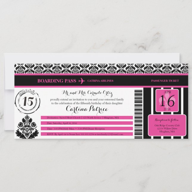 Invitation Passe d'embarquement Quinceanera Rose Noir Chaud (Devant)