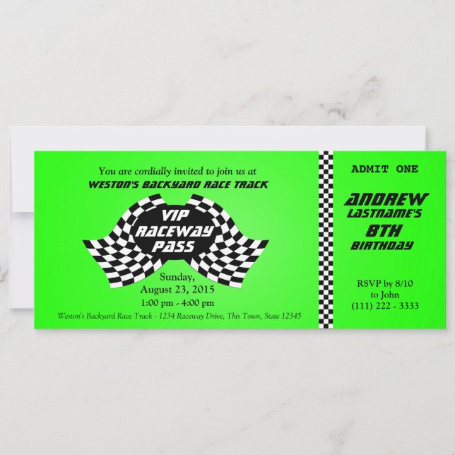 Invitation Passe Piste de Course Anniversaire Billet vert cla (Devant)