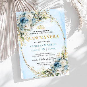 Invitation Passé Romantique Bleu Pastel Or Eucalyptus Quince