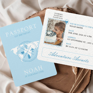 Invitation Passeport Aventure Commence Blue Boy 1er anniversa