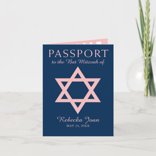 Invitation Passeport bleu et rose de bat mitzvah d'étoile de (Devant)