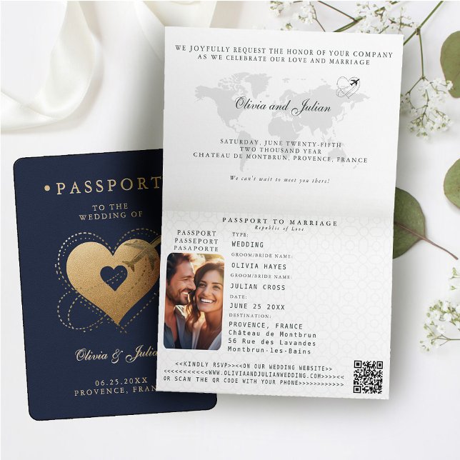 Invitation Passeport Cœurs Avion Marine Destination Mariage (passport wedding invitation card destination getaway navy blue faux gold hearts airplane monograms )