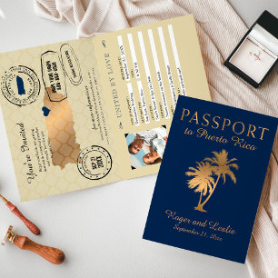 Invitation Passeport de mariage Porto Rico à feuille dorée fa
