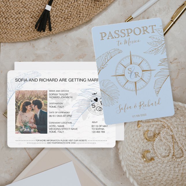 Invitation Passeport Destination Mariage Palm Compass Monogra (dusty blue passport with golden compass and palm leaves )