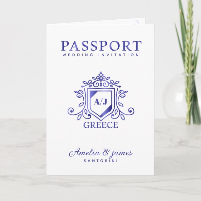 Invitation Passeport Destination Santorini Grèce Mariage (Devant)