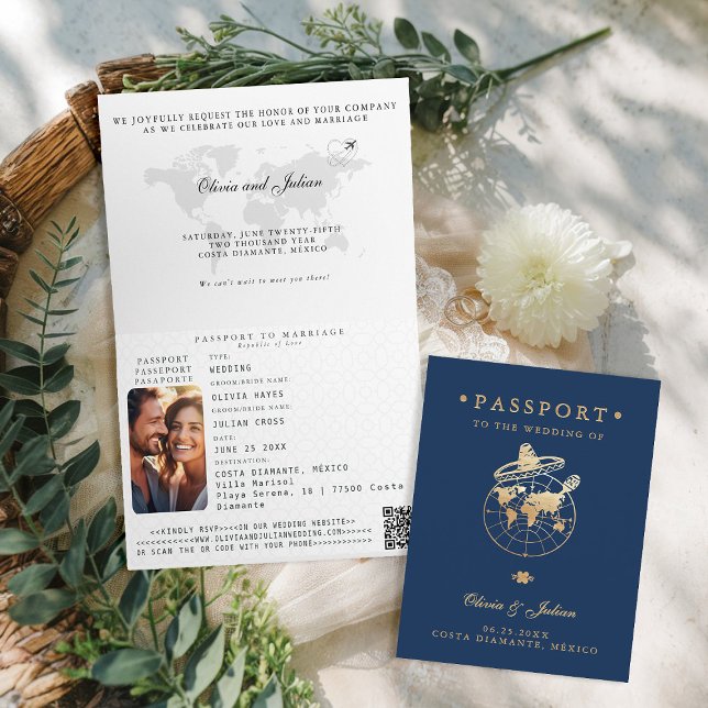Invitation Passeport Faux Or Marine Mexique Mariage Destinati (passport wedding invitation card destination getaway navy faux gold mexico sombrero monograms folded)