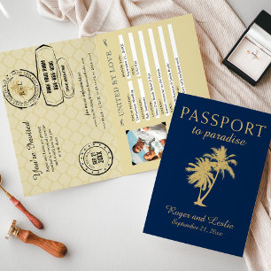 Invitation Passeport Mariage or bleu double Palm Tree
