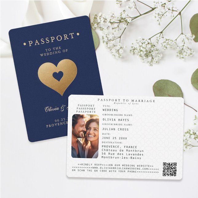 Invitation Passeport Marine Faux Gold Hearts Destination Mari (passport wedding invitation card destination getaway navy blue faux gold hearts modern classy)