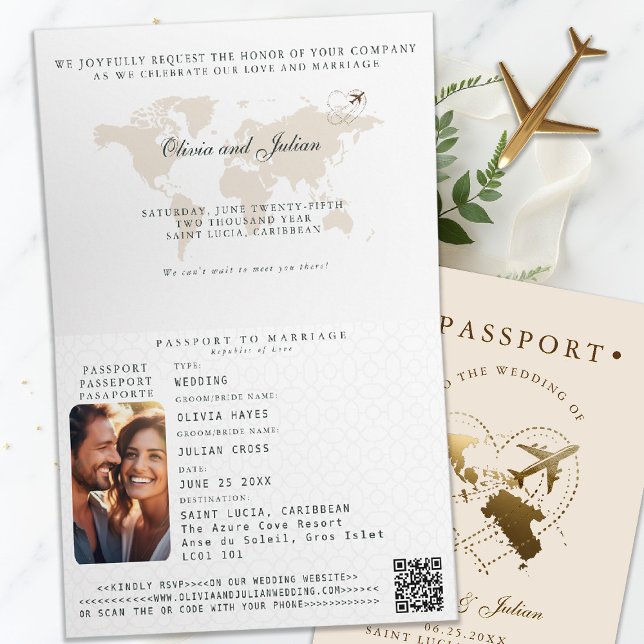Invitation Passeport Sainte-Lucie Caraïbes Destination Mariag (passport wedding invitation destination saint lucia caribbean elegant calligraphy rsvp qr)