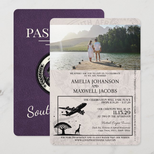 Invitation Passeport Violet Afrique du Sud Mariage (Devant / Derrière)