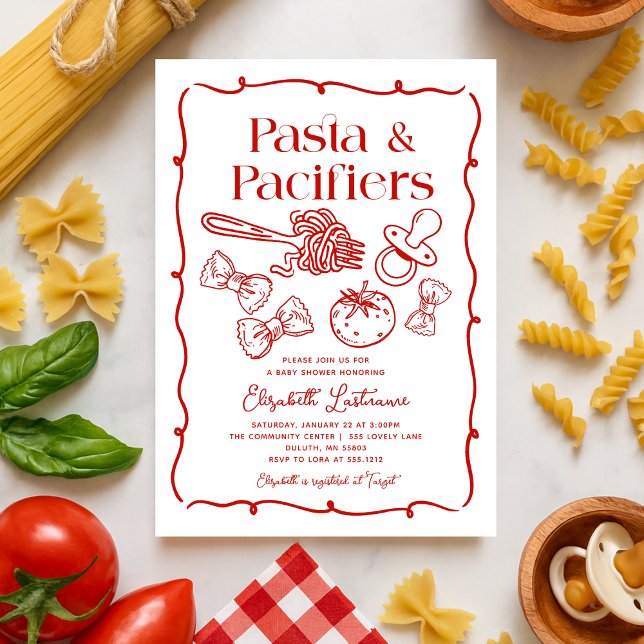 Invitation Pasta & Pacifiers Hand Drawn Italian Baby Shower (Pasta & Pacifiers Red Hand Drawn Pasta Baby Shower Invitation)