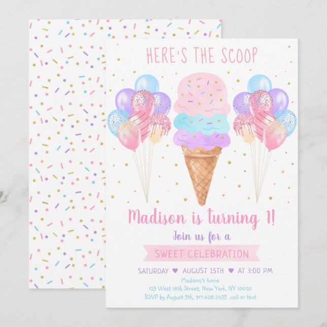 Invitation Pastel à la crème glacée Voici l'anniversaire de l (Devant / Derrière)