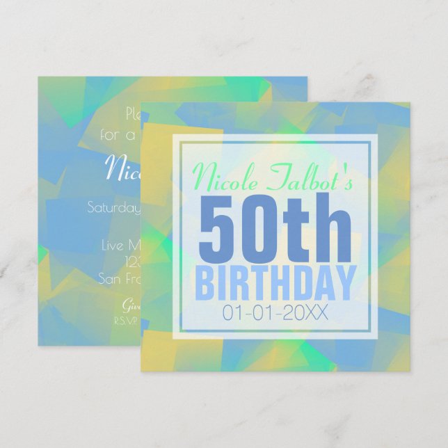 Invitation Pastel Abstrait bleu 50e anniversaire Carré Inv (Devant / Derrière)