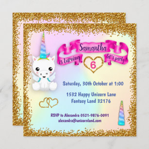Invitation Pastel and Gold Parties scintillant Unicorne Anniv