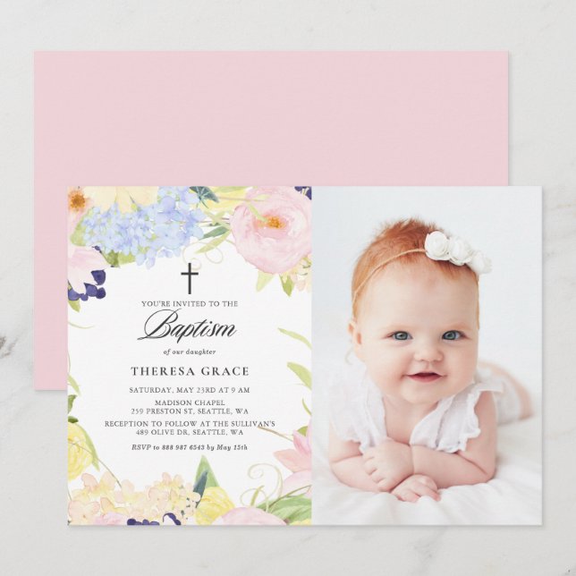 Invitation Pastel Aquarelle Cadre Floral Photo Baptême (Devant / Derrière)