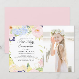 Invitation Pastel Aquarelle Cadre Floral Première Communion