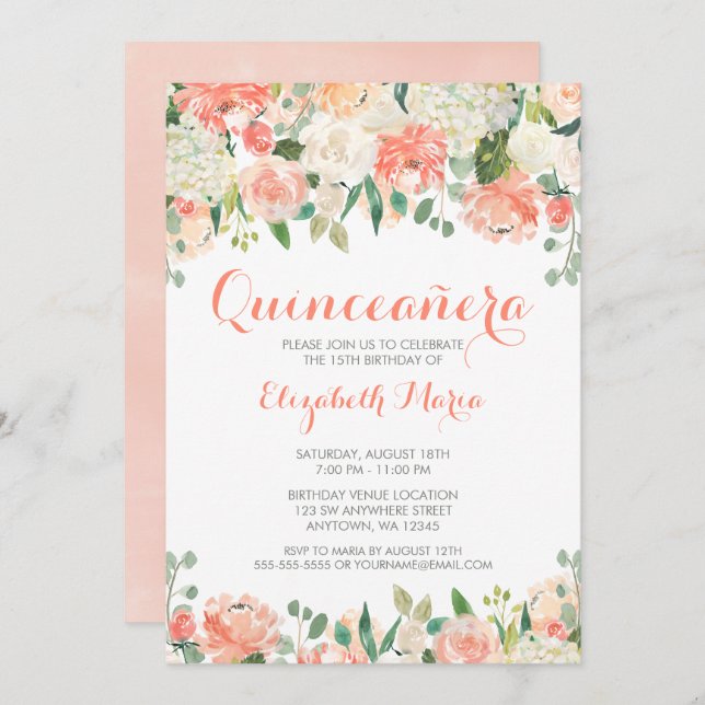 Invitation Pastel Aquarelle Fleurs Quinceañera (Devant / Derrière)