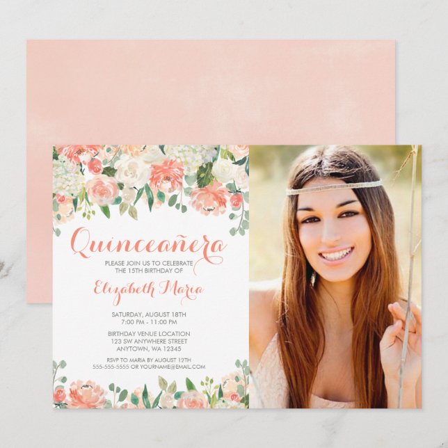 Invitation Pastel Aquarelle Fleurs Quinceañera Photo (Devant / Derrière)