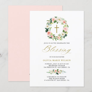 Invitation Pastel Aquarelle Fleurs Wreath Blessing bébé