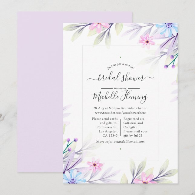 Invitation Pastel Aquarelle Floral Douche Virtuelle (Devant / Derrière)