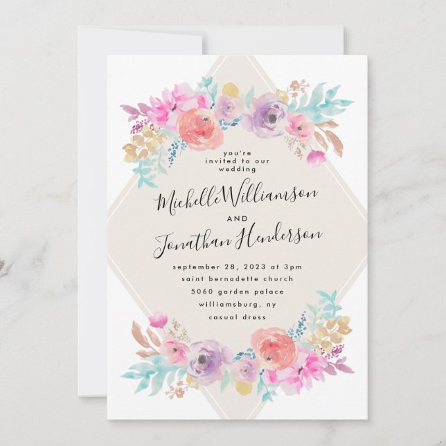 Invitation Pastel Aquarelle Mariage Chic Fleurs Shabby (Devant)