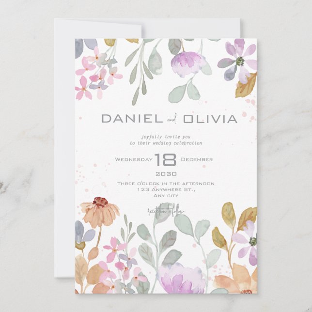 Invitation Pastel Aquarelle Mariage de fleurs rustiques (Devant)