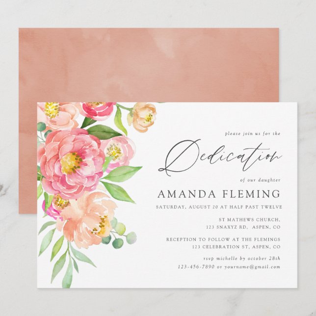 Invitation Pastel Aquarelle Peonies Baptême ou Christening (Devant / Derrière)