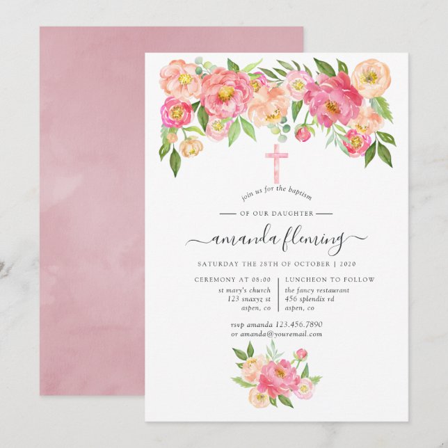 Invitation Pastel Aquarelle Peonies Baptême ou Christening (Devant / Derrière)