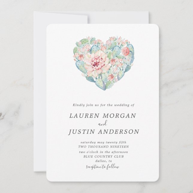 Invitation pastel aquarelle succulent coeur Mariage (Devant)