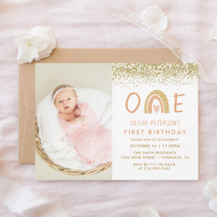 Invitation Pastel Arc-en-Ciel Premier Anniversaire Photo Invi