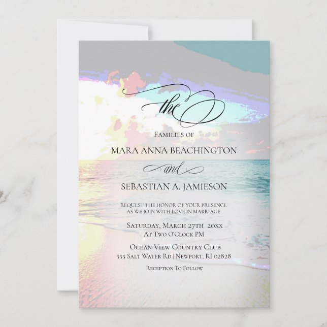 Invitation *~* Pastel Artsy Sunrise Beach Mariage nautique (Devant)