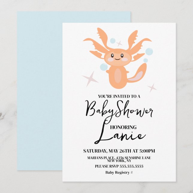Invitation Pastel Axolotl Océan Baby shower Créature (Devant / Derrière)