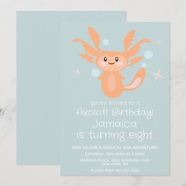 Invitation Pastel Axolotl Océan Créature Anniversaire (Devant / Derrière)