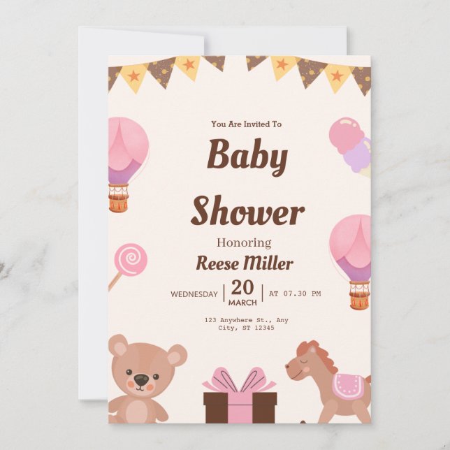 Invitation Pastel Baby Shower Invite – Balloons, Bear & Candy (Devant)