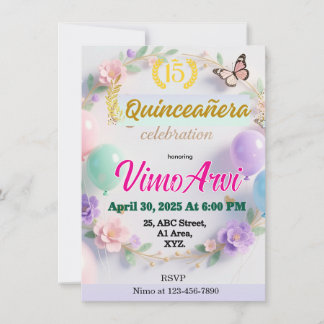 Invitation Pastel Balloons and Butterflies Quinceañera