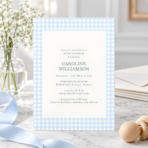 Invitation Pastel Bleu Gingham à Carreaux à Damier Baby Showe